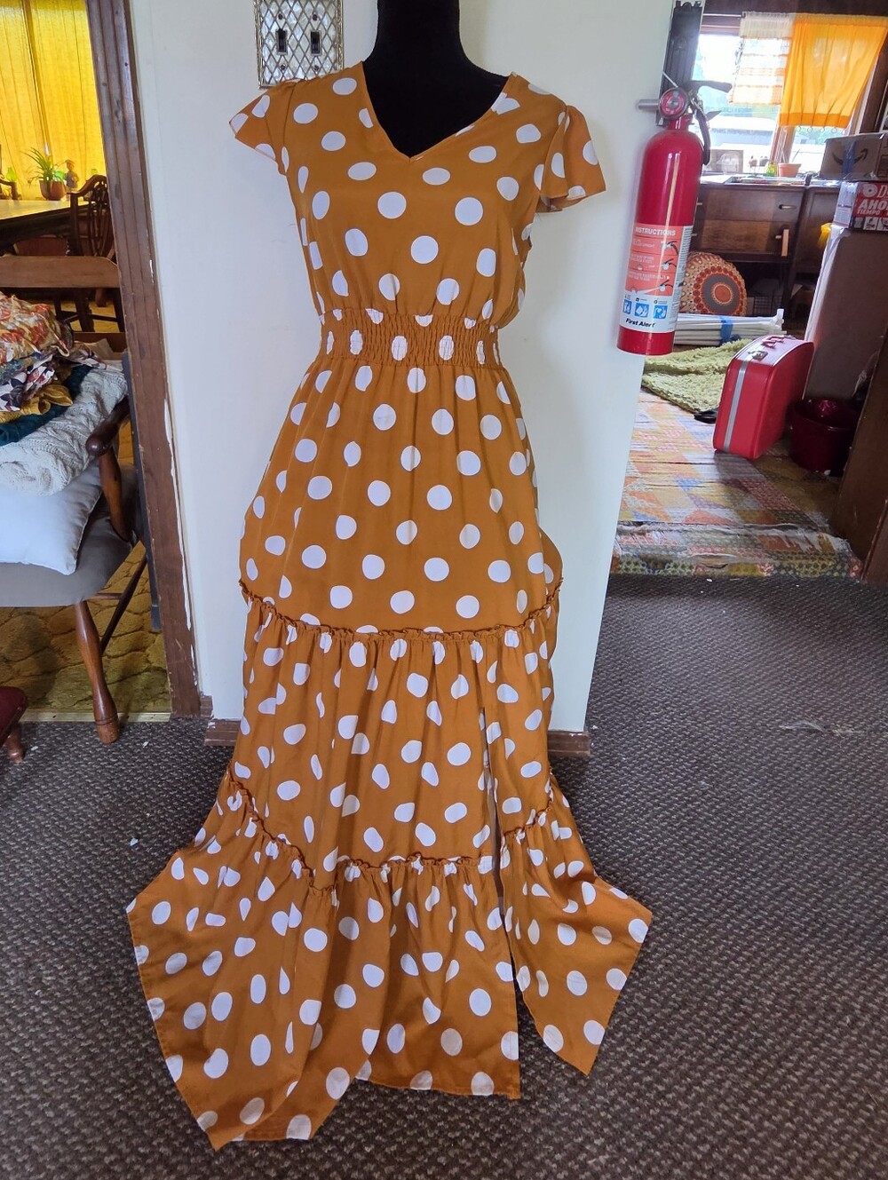 Mustard Yellow Polka Dot Tiered Maxi Dress | Smocked Waist Boho Short Sleeve